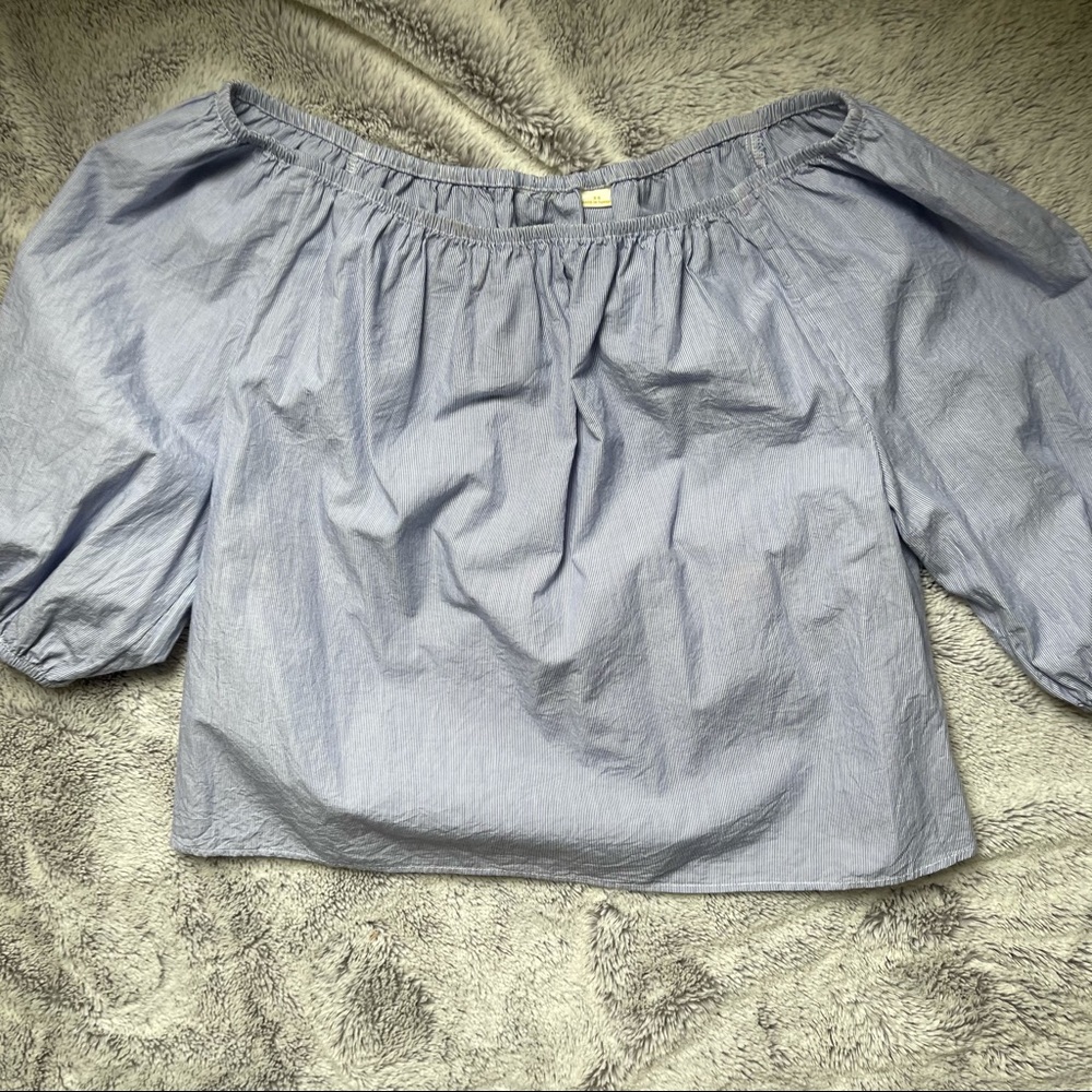 Maeve Anthropologie off the shoulder blue stripe